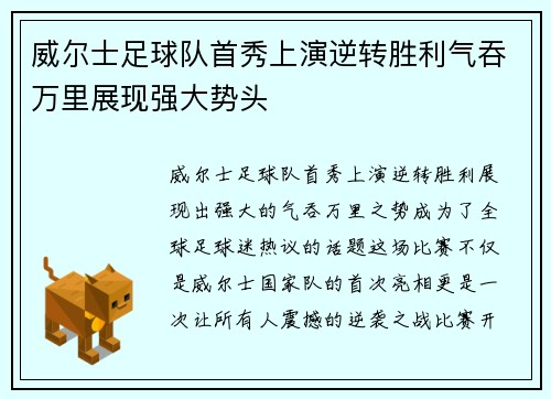 威尔士足球队首秀上演逆转胜利气吞万里展现强大势头