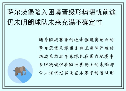 萨尔茨堡陷入困境晋级形势堪忧前途仍未明朗球队未来充满不确定性