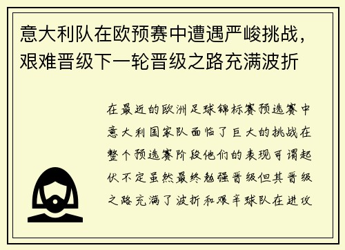 意大利队在欧预赛中遭遇严峻挑战，艰难晋级下一轮晋级之路充满波折