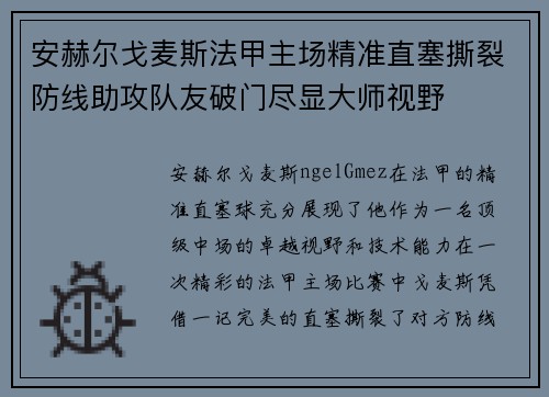 安赫尔戈麦斯法甲主场精准直塞撕裂防线助攻队友破门尽显大师视野