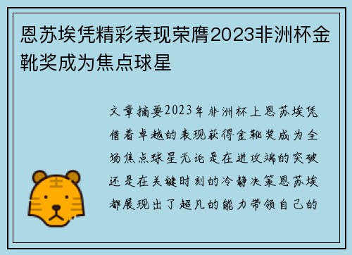 恩苏埃凭精彩表现荣膺2023非洲杯金靴奖成为焦点球星